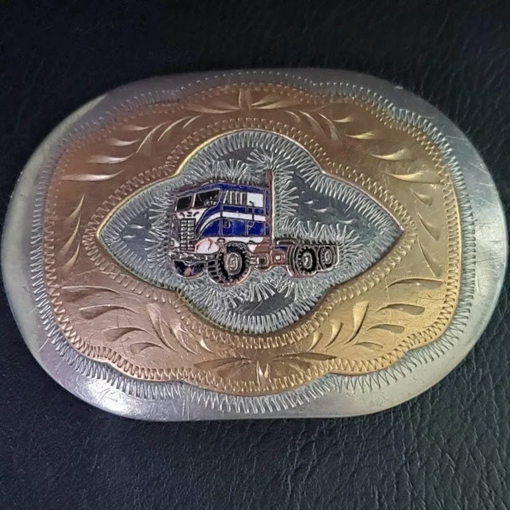 Western Flair German Silver Semi Truck Belt Buckle Colorado Springs Vintage